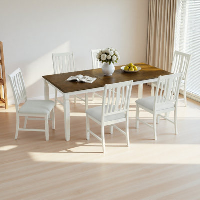 7-Piece Extendable Dining Table Set for 6, Farmhouse Veneer Table and 6 Upholstered Chairs, Rubberwood Legs Space-Saving Dining Set for Family Dining