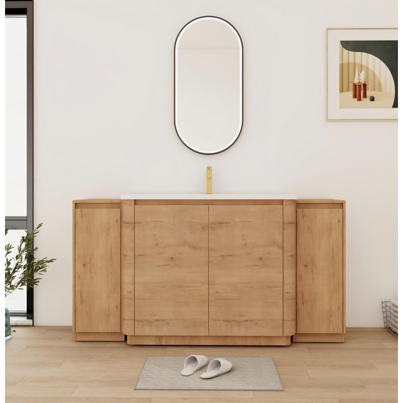 Meuble-lavabo sur pied simple 64 po avec plateau en céramique, armoire de rangement et tablettes 64 po, 64", Imitative Oak
