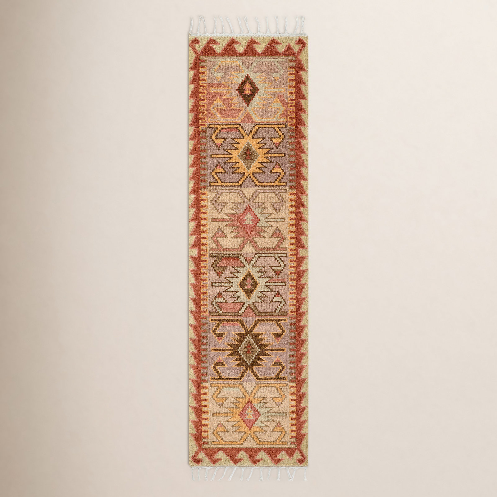 Beige Red Yellow Hand-Knotted Wool Rug, Runner 2'3" x 8'