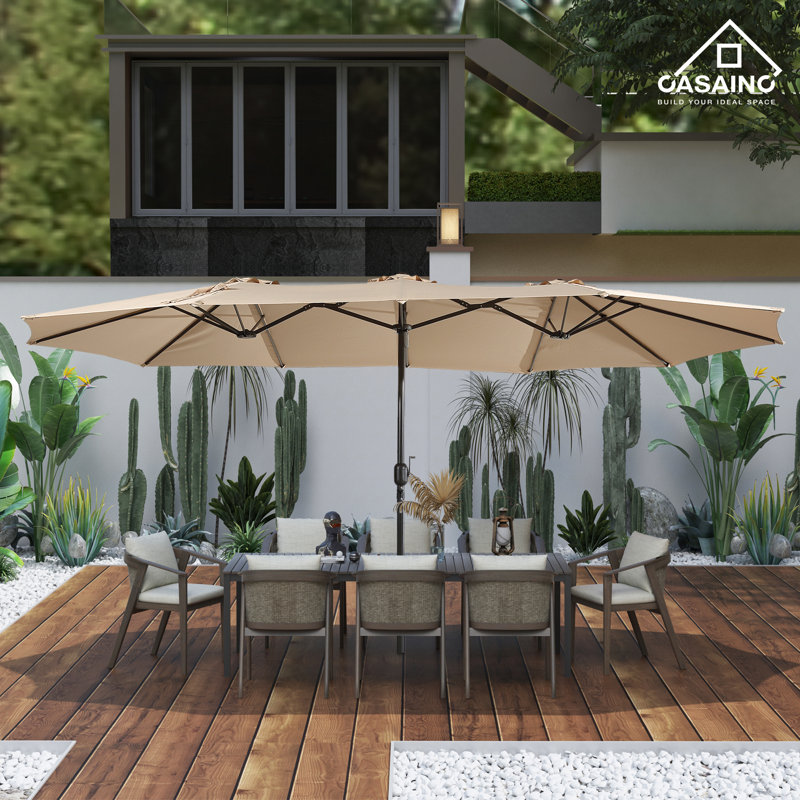 Tan Double-Sided Rectangular Market Umbrella with Iron Base
