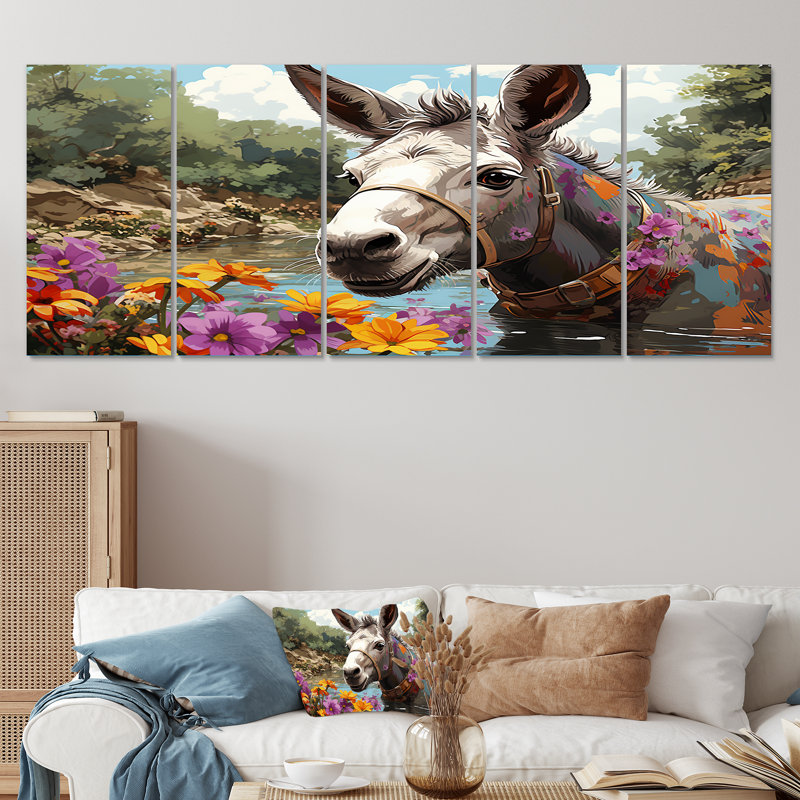 «Farmhouse Donkeys Flower Charm III», ensemble d'art mural 5 pièces, H 28 po x l 60 po