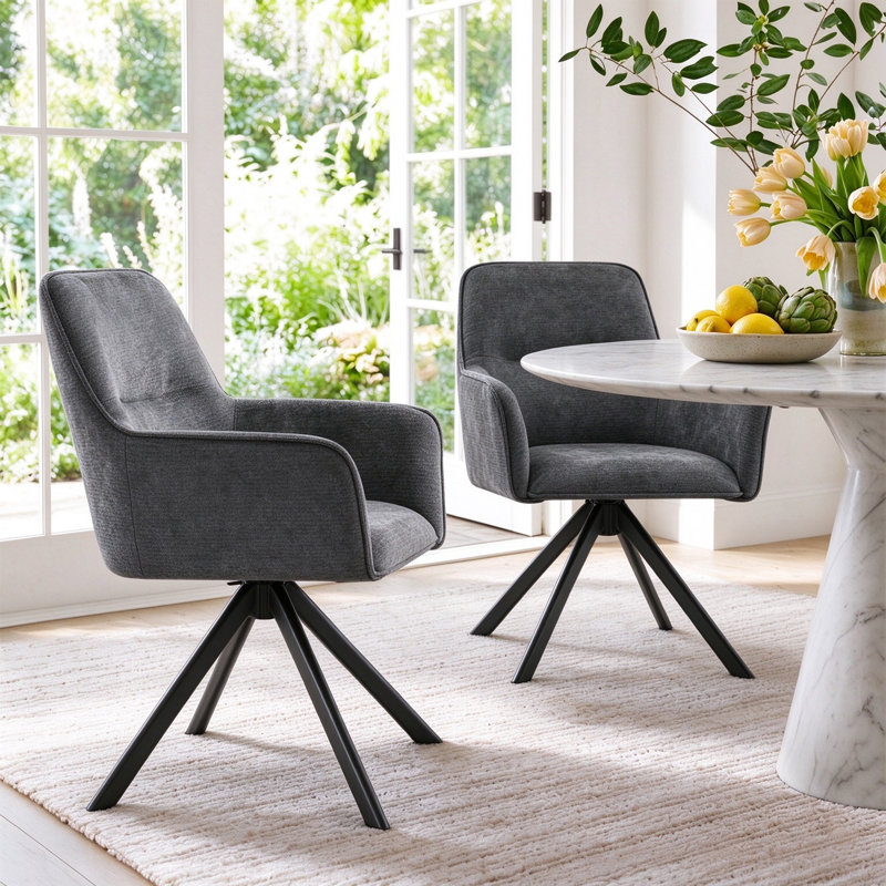 Chaises de salle à manger pivotantes Mid-Century , Chenille gris foncé