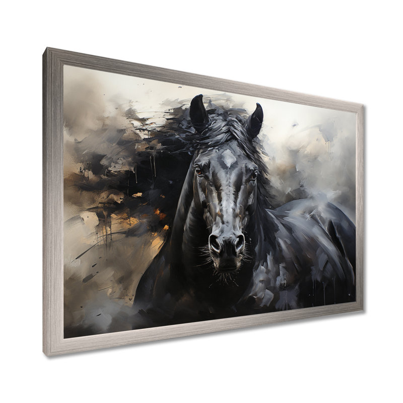 Étalon noir en mouvement - reproductions encadrées de chevaux, Cadre photo argenté, H 16 po x l 32 po