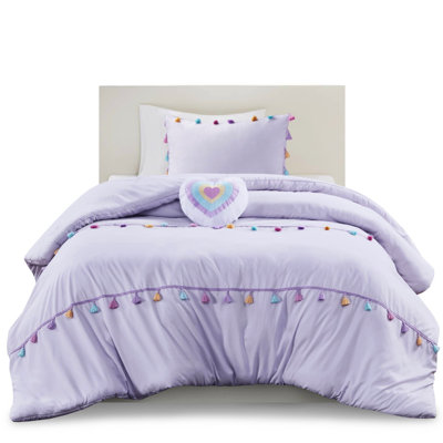 Lavender Comforter Featuring Colorful Tassels And Heart-Shaped Decorative Pillow With Fun Heart Accent