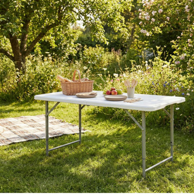 48" Folding Table, Portable Fold Up Table With Carrying Handle, Rectangular Adjustable Height, Indoor Outdoor Tools Table For Patio Outdoor Home Office, White