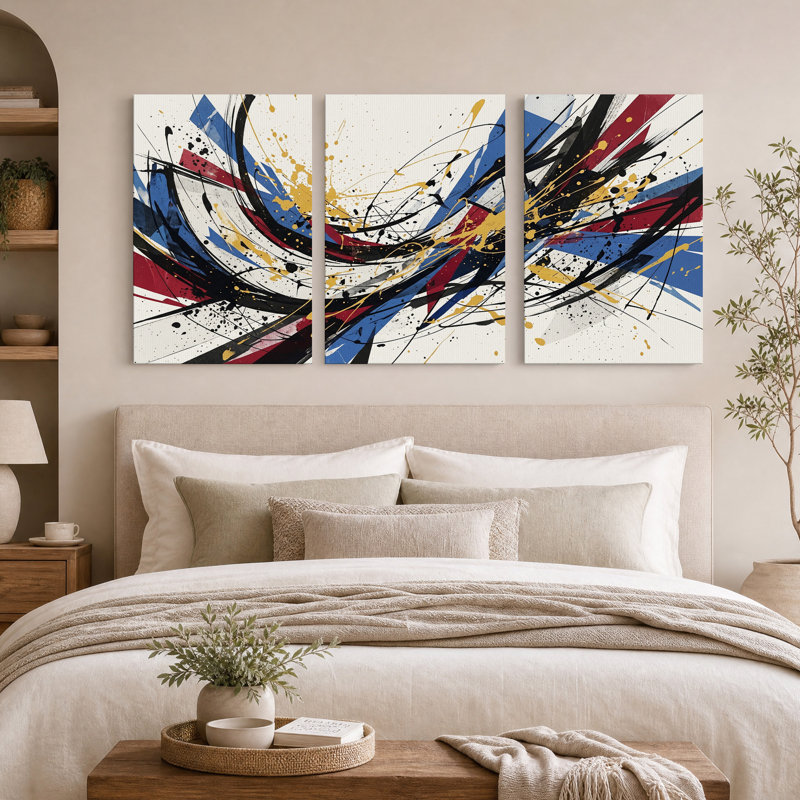 Ensemble de 3 toiles murales abstraites à coups de pinceau rouges, bleus, noirs et dorés, 30"H x 20"W x 3pcs