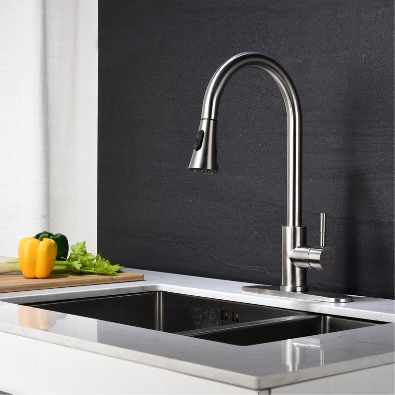 Robinet de cuisine avec douchette extractible, recouvert de nickel brossé, acier inoxydable fabriqué, bec rotatif à 360 ° pour une utilisation pratique de l'eau, robinet de pulvérisation à contrôle à poignée simple, embelli
