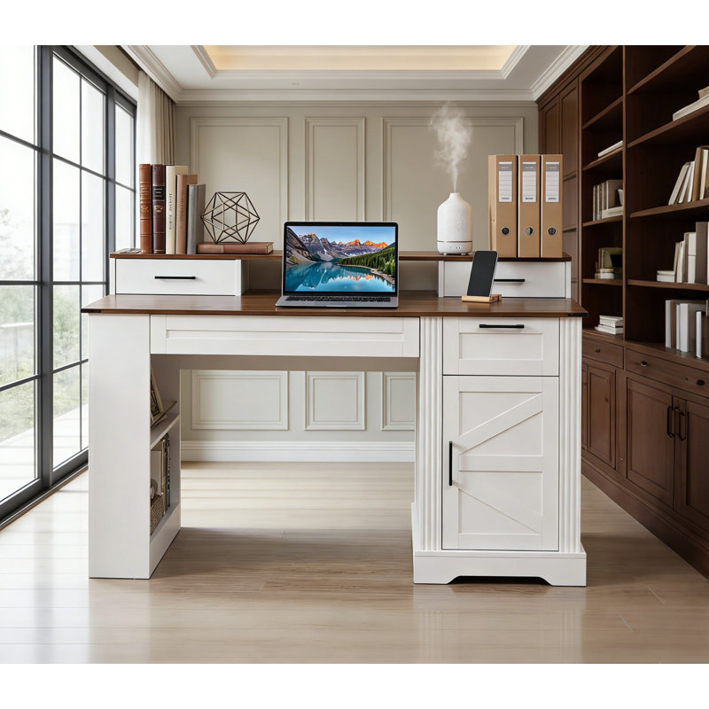 Farmhouse Combination Desk With Ample Storage – 55” Multi-Functional Workstation For Home Office & Study, Brown/White