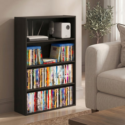 Malbon DVD Shelf, 4-Tier CD Rack with Open Shelf, Media Shelf, DVD Storage Cabinets for CD Blueray Game Disc, 6 x 24 x 35, for Living Room, Bedroom, Home Office, Espresso
