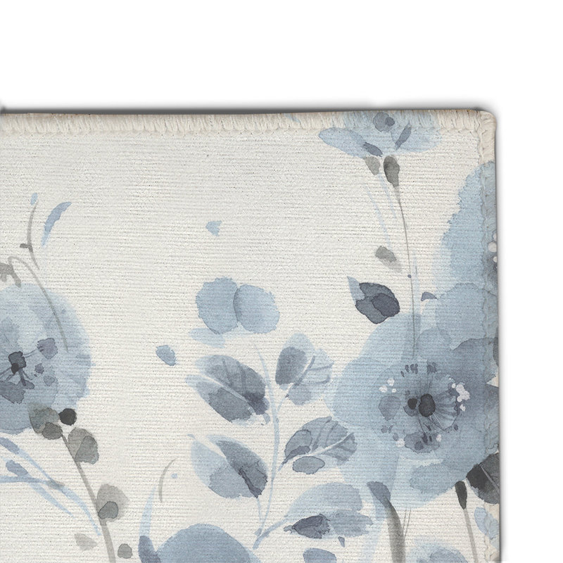 Tapis floral bleu / blanc tissé à la machine Dancing Flowers, Rectangle 4pi x 6 pi