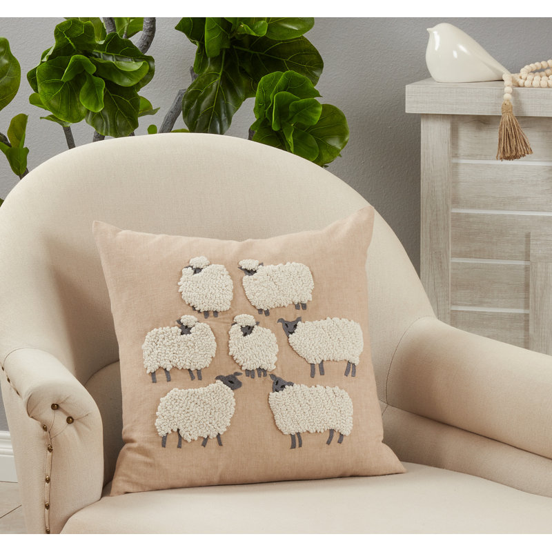 Natural Cotton Embroidered Sheep Square Throw Pillow