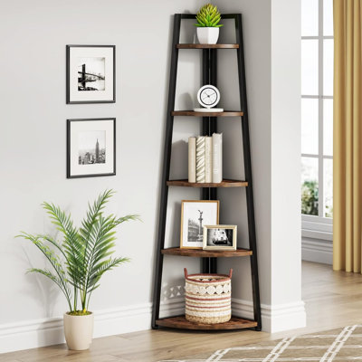 Présentoir de coin à 5 niveaux, cadre en métal robuste avec tablettes en bois, unité de rangement compacte pour le salon et le bureau personnel