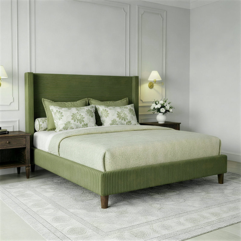 Queen Size Upholstered Platform Bed Frame, 56" High Headboard Wingback Bed, Fully Upholstered Mattress Foundation, No Box Spring Needed No Noise