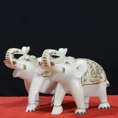  7” White Marble Elephant Statue Pair Handcrafted – Home Decor