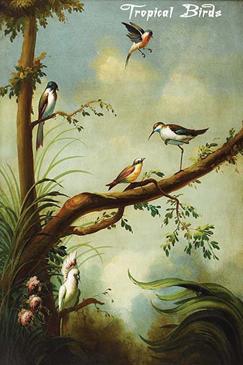 « tropical oiseaux », impression sur bois, H 36 po x l 24 po x P 1,5 po