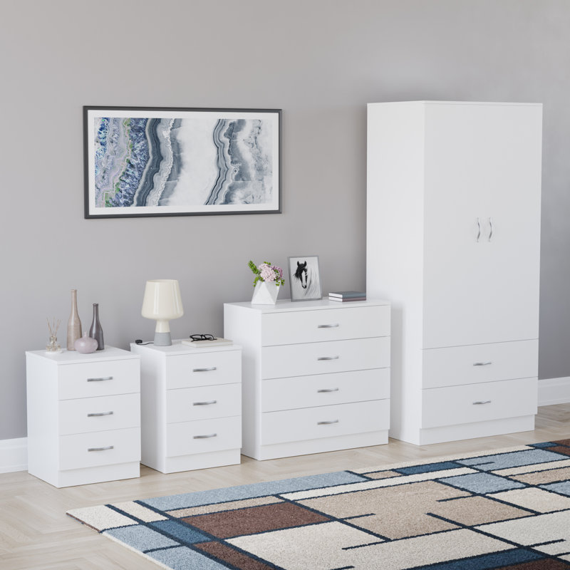Tayce 4 Piece Bedroom Set (3 Drawer Bedside Chest X2, 4 Drawer Chest, 2 Door 2 Drawer Wardrobe), White
