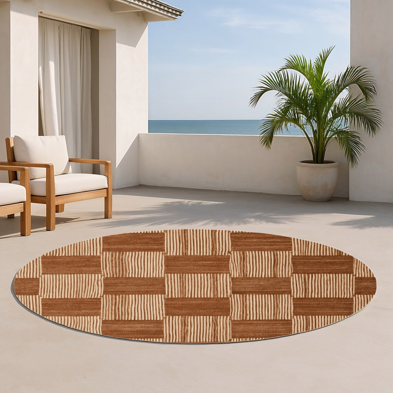 Tapis d'intérieur et d'extérieur à carreaux brun, Rond 5 pi