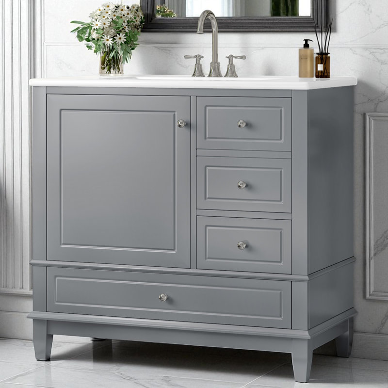 36" Single Bathroom Vanity Set With Ceramic Top, Gray