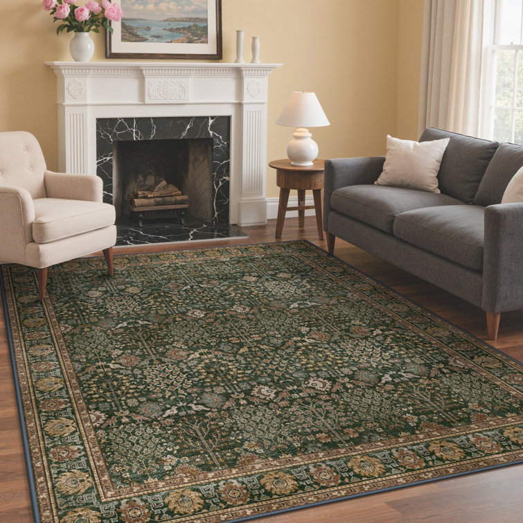 Oriental Neutral Vintage Machine Washable Non-Slip Dark Green Indoor Rug