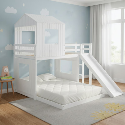 Solid Wood L Shaped Twin Over Full Bunk Bed with Playhouse, Slide and Guardrails for Bedroom