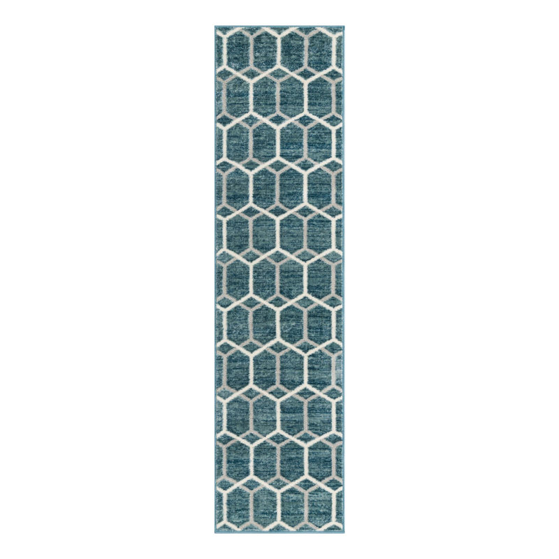 Tapis bleu / ivoire en laine Numa, Tapis de couloir 2 pi x 8 pi