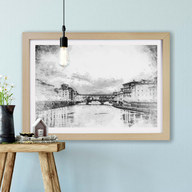 Ponte Vecchio Bridge in Florence Italy - Framed Print, 62cm H x 87cm W x 2cm D, Oak