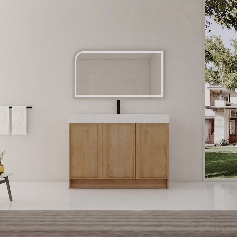 Meuble-lavabo autoportant de 122 cm (120 cm) avec lavabo en résine et 3 portes d'armoire à fermeture amortie, en contreplaqué imitation chêne.