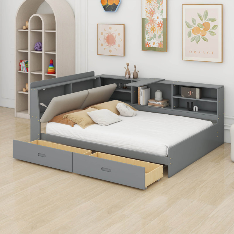 Full Size Daybed With Storage, Wood Corner Bed Frame With Bookcase Headboard And 2 Drawers, Gray