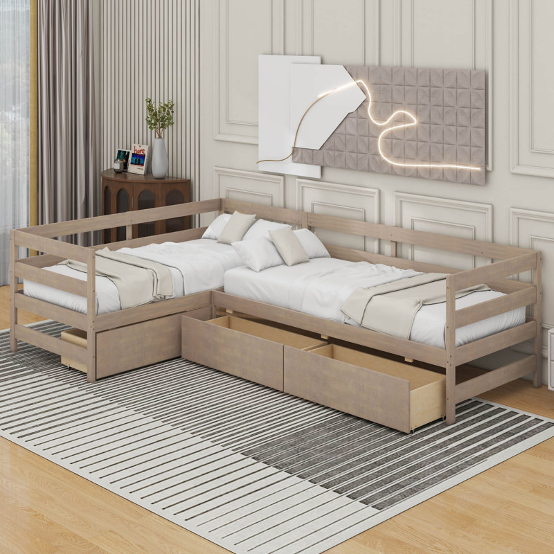 Lit plateforme simple en L avec tiroirs, Naturel