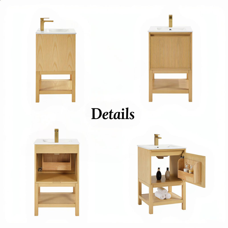 Meuble-lavabo de 20 pouces en bois massif pré-assemblé avec tablette réglable, bois de frêne, design compact et élégant