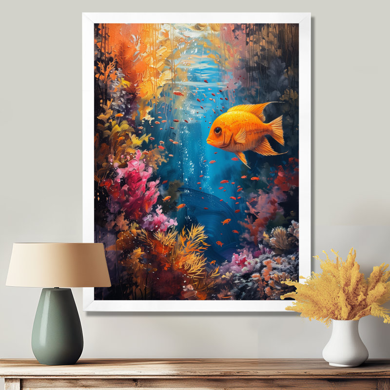 Orange, bleu, corail, poisson rouge, Marvel - art mural de mur de corail, salon, Black Floater Framed, H 30 po x l 40 po