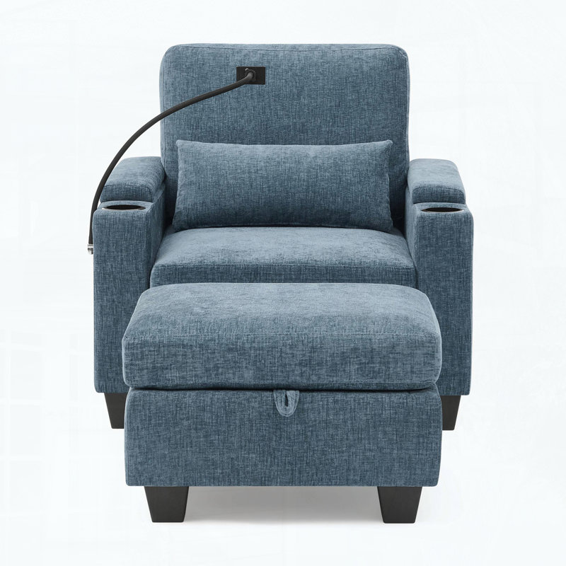 Canapé inclinable simple avec port USB, repose-pieds et support pour téléphone, Bleu