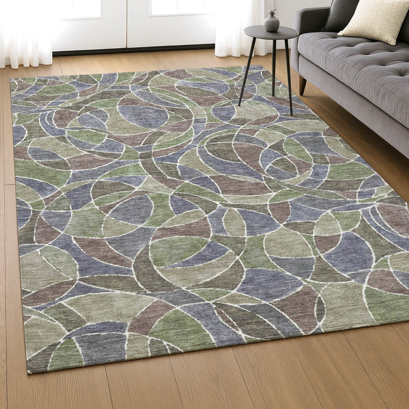 Tapis géométrique de qualité supérieure lavable à la machine Mayfield AMF2208, Vert, 5 pi x 7 pi 6 po
