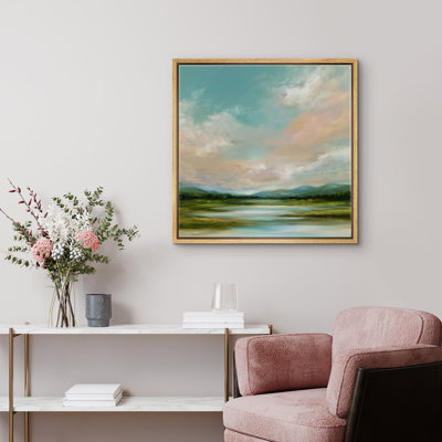 Doux pastel ciel lac paysage mural pour salon chambre à coucher encadrée, œuvre d'art de la chambre principale