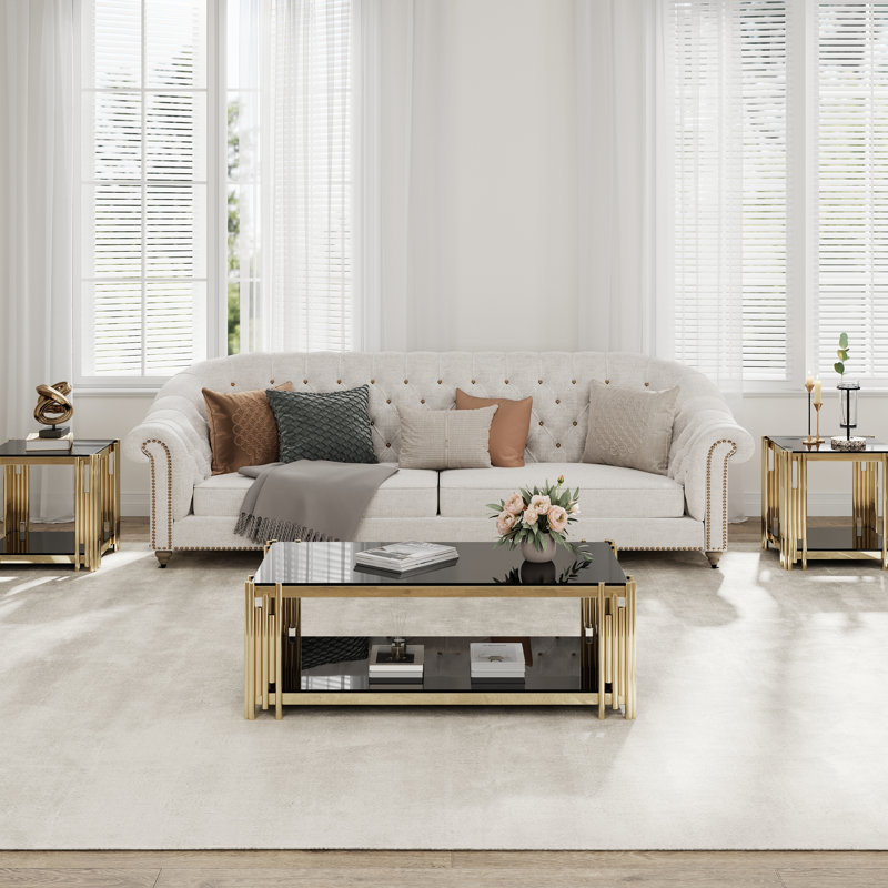 Table de bout carrée 20 po avec verre noir et acier inoxydable doré, style moderne pour le salon