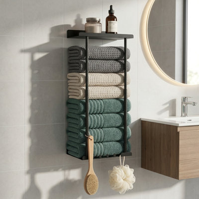 Wall-Mounted Towel Rack, Metallic Black, Compatible With Roll Towels, Folded Bath Towels, And Face Towels; Suitable For Use On Bathroom Countertops.