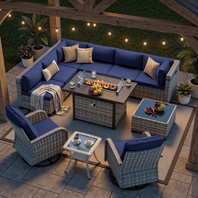 11-Piece Outdoor Patio Conversation Set With Propane Fire Pit Table, 7-Piece Wicker Sectional Sofa & Coffee Table, 2 Swivel Rocking Chairs & Side Table - Navy Blue