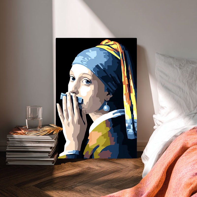 Fille avec une boucle d'oreille de perle, art de toile parodie de Pixel prête à être accrochée - salon éclectique