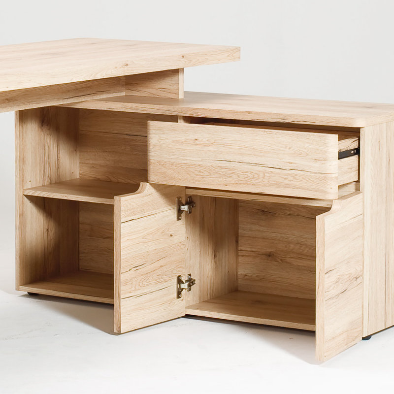 Hollice 140Cm W L-Shape Credenza Desk with Cabinet, Sanremo Oak