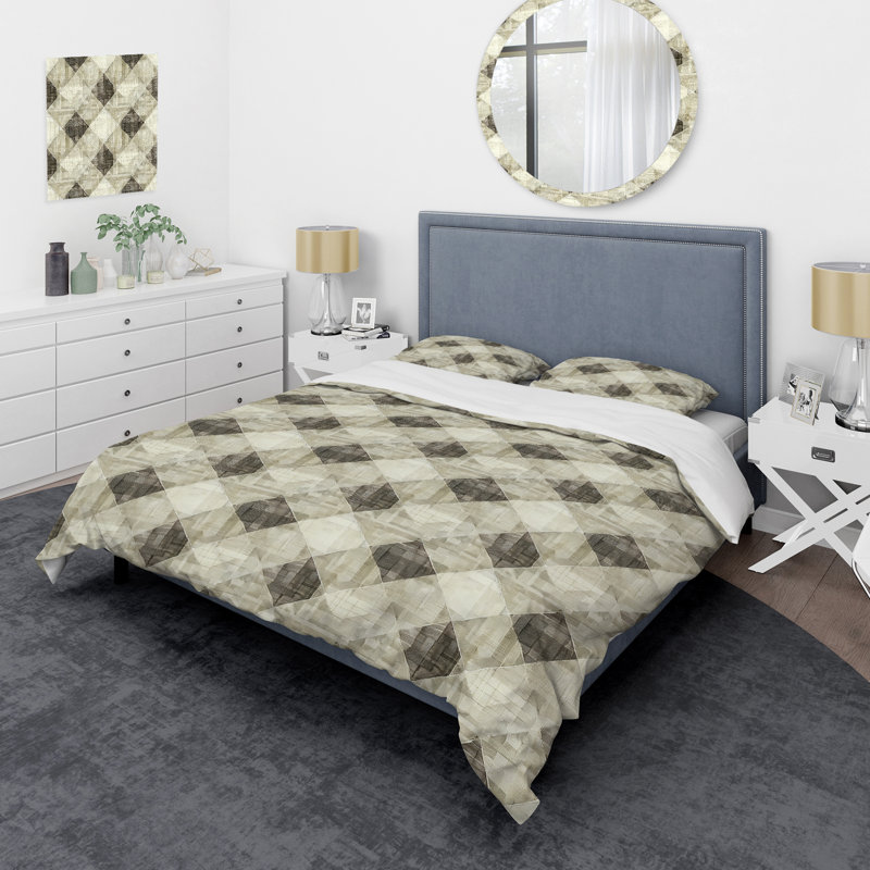 Ensemble de housse de couette moderne beige et gris Modern Gingham II, Housse de couette simple et deux taies décorative