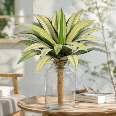 20in Artificial Agave Stakes - Set of 2, Yellow Variegated Narrow Spiny Edge Leaf Faux Succulent Stems, Weatherproof No Pot for Landscape Decor