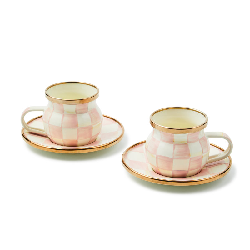 Handmade Pink and White Checkered Espresso Cup & Saucer Set