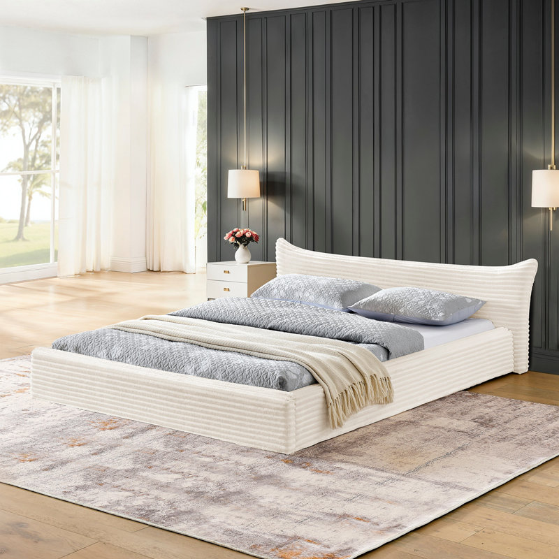 Lit tapissier avec structure en velours, lit plateforme avec tête de lit courbée décorative et structure en bois massif, aucun sommier tapissier requis
