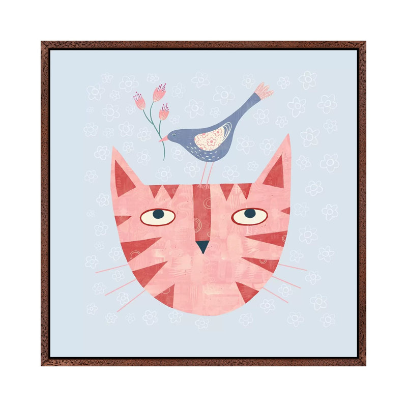 Cat Bird Flower by Nic Squirrell - Print on Canvas, Classic Brown Wood Framed, 45.72 cm H x 45.72 cm W
