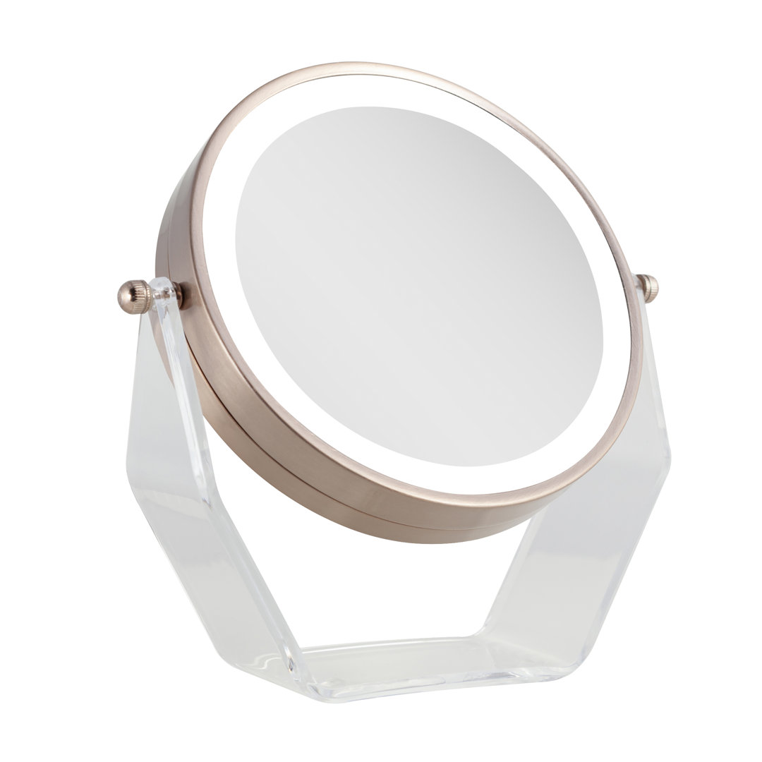 Two-Sided LED Lighted Vanity Swivel Mirror In Acrylic Base, 8X/1X Ebern Designs 