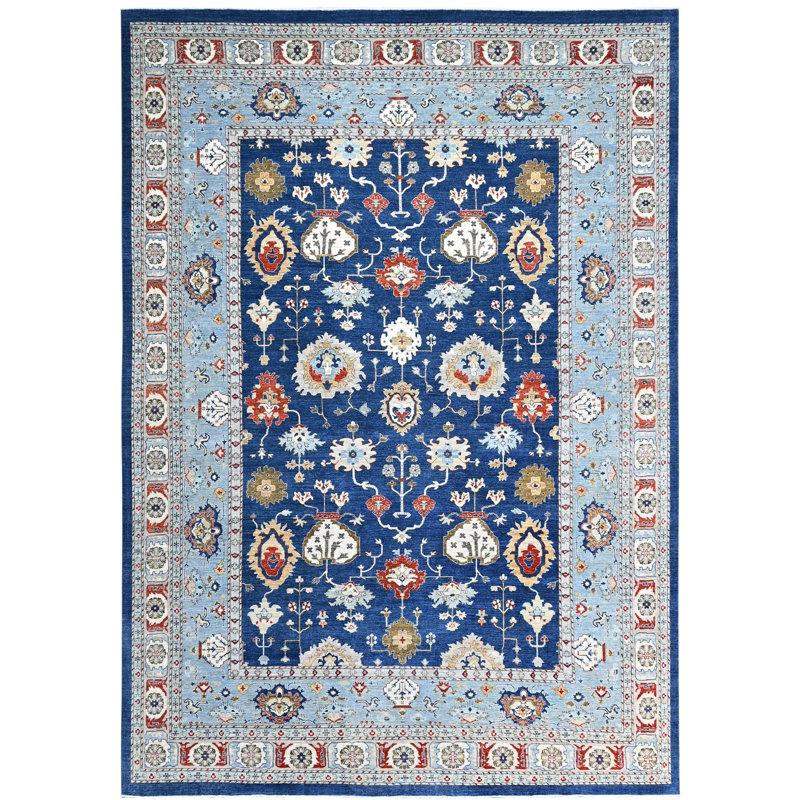 Tapis bleu clair et bleu noué à la main de haute qualité