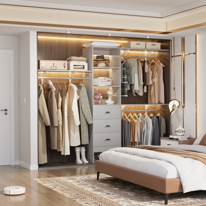 Système d'organisation l 20,2 po à 96 po avec tiroirs en bois et tringles de suspension (coupés sur mesure), Gris