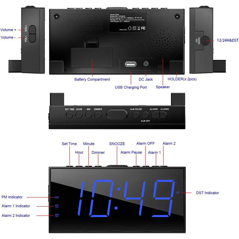 Digital Electric Tabletop Clock with Alarm Black