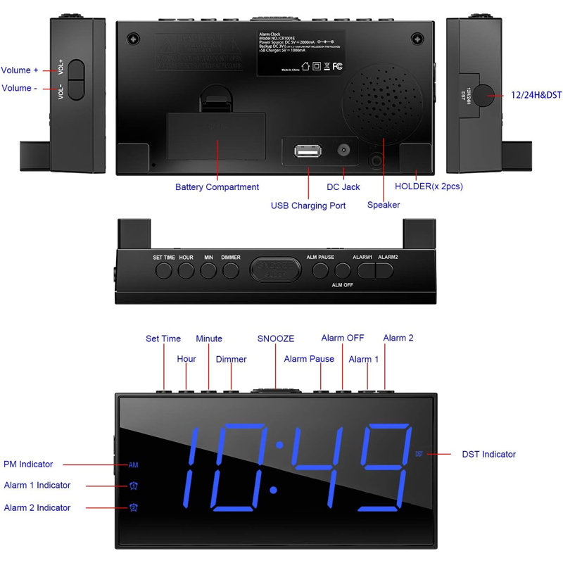 Réveille-matin pour la chambre à coucher, 2 alarmes bruyantes avec grand affichage à DEL, horloge numérique de base simple avec port de charge USB, volume réglable, intensité variable, sommeil pour enfants qui dorment au bureau à domicile