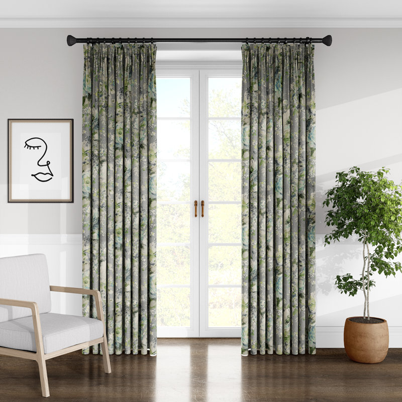 Estee Drapery Linen Floral Room Darkening Pinch Pleat Single Curtain Panel, 40" W x 96" L
